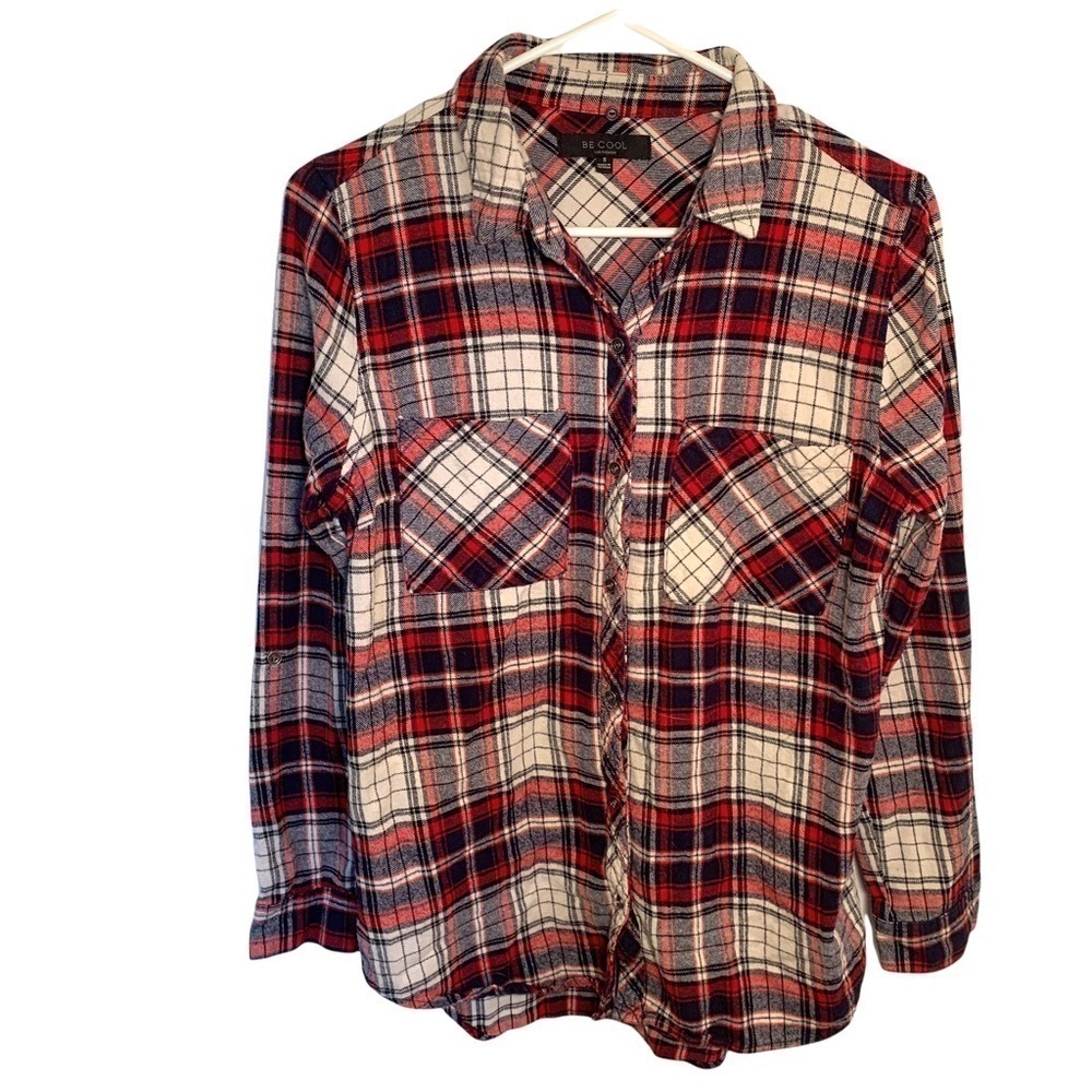Be Cool Womens Juniors Size Small Button Down Flannel Shirt Navy White Red Plaid